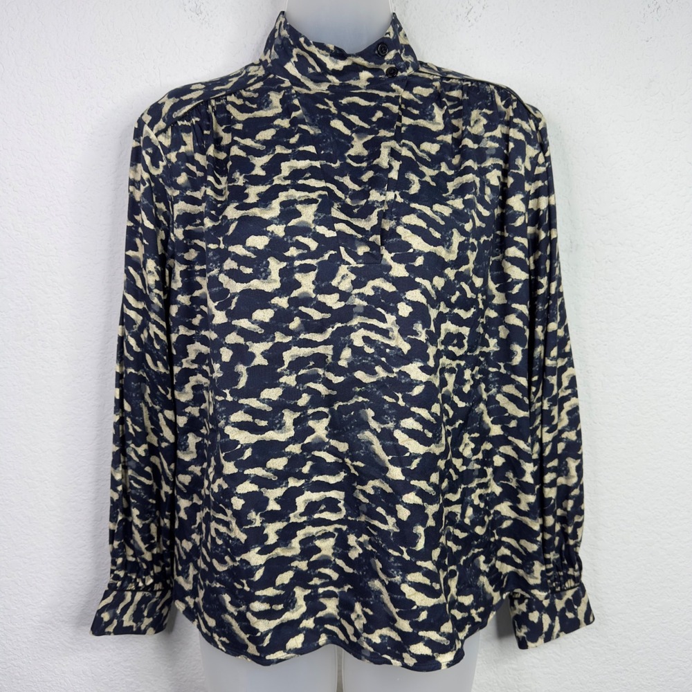 Ba&sh Alejandro Shirt Womens 1/US 4 Blue Cream Abstract High Neck Dark Romantic - Picture 1 of 11